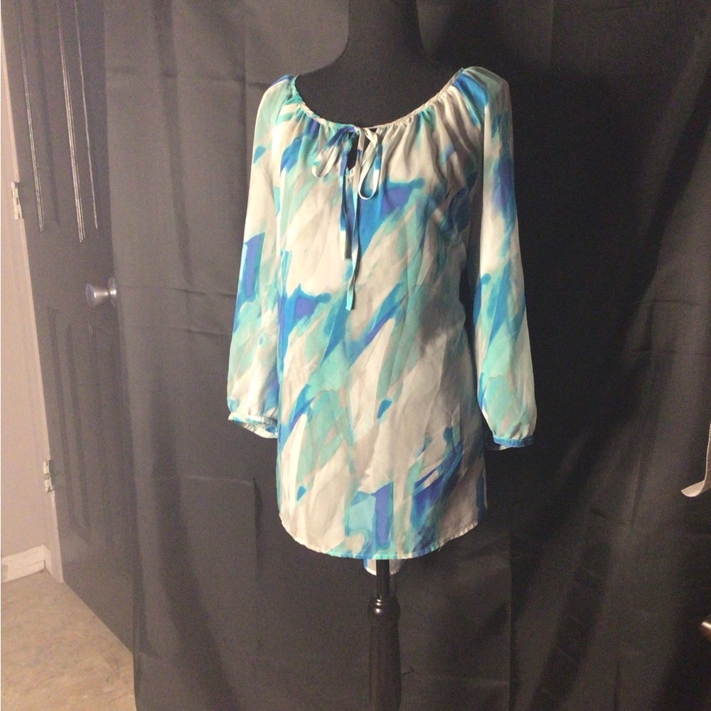 #645. a.n.a Blue and White sheer Blouse with Chic Design